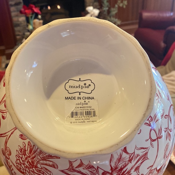 NWT Mud Pie Pedestal Bowl 10” Holly Toile Red White NEW - Picture 9 of 9